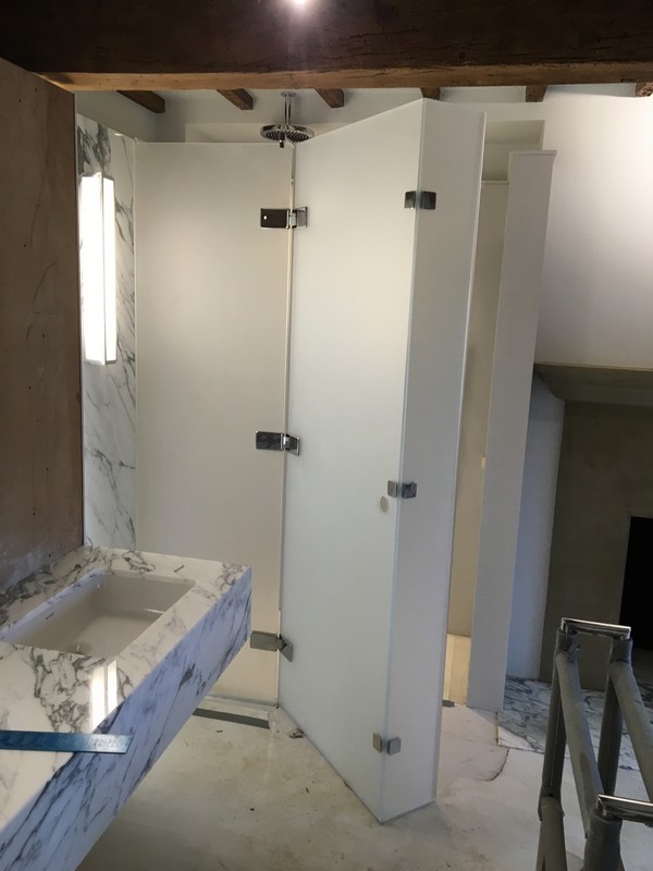 Bespoke frosted glass shower enclosure in Plumstead luxury bathroom